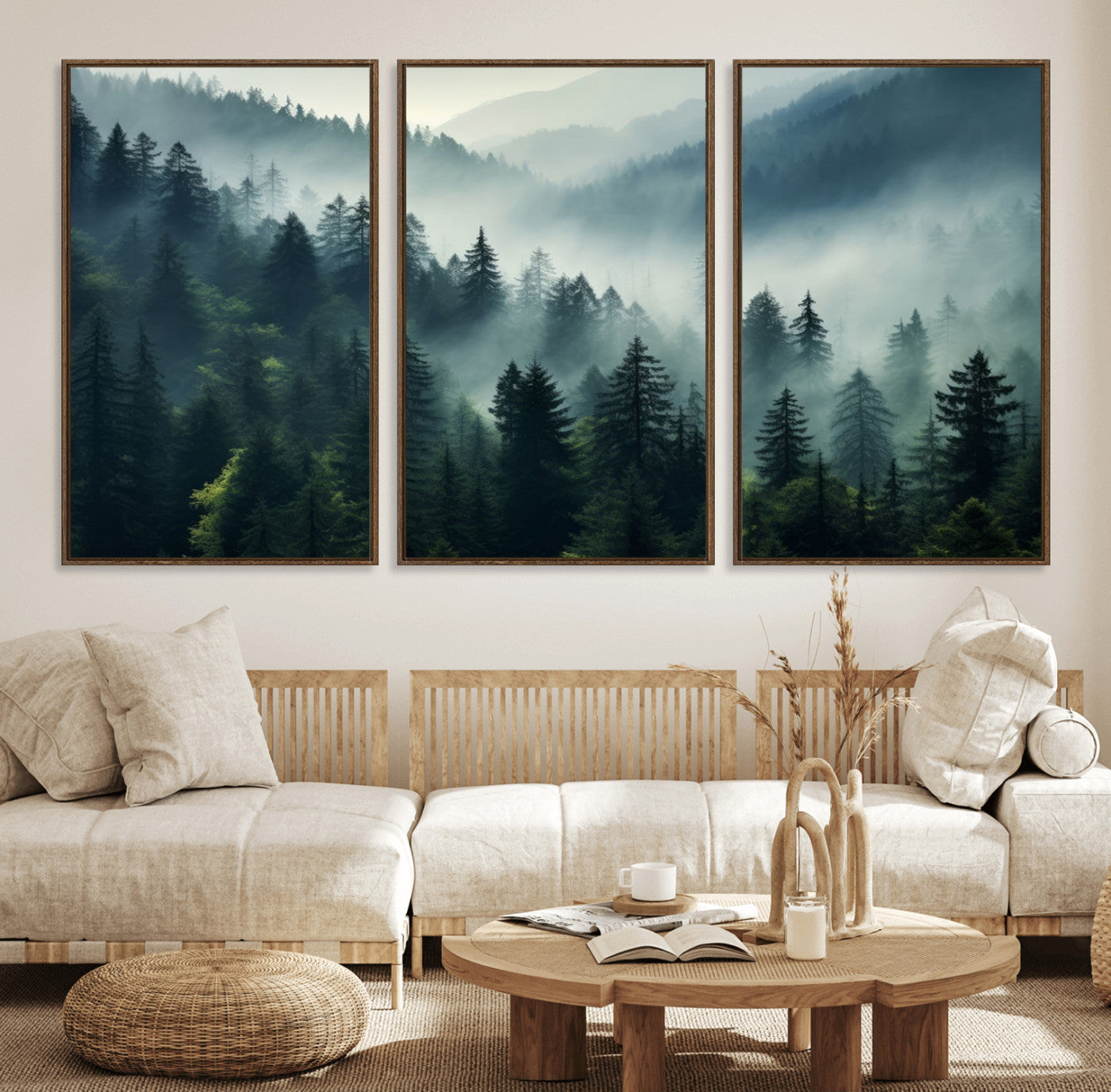 17687-MGV-FC-60X30-3P_Walnut-Captivating Misty Forest Wall Art Premium Canvas Print a Foggy and Serene Atmosphere Art