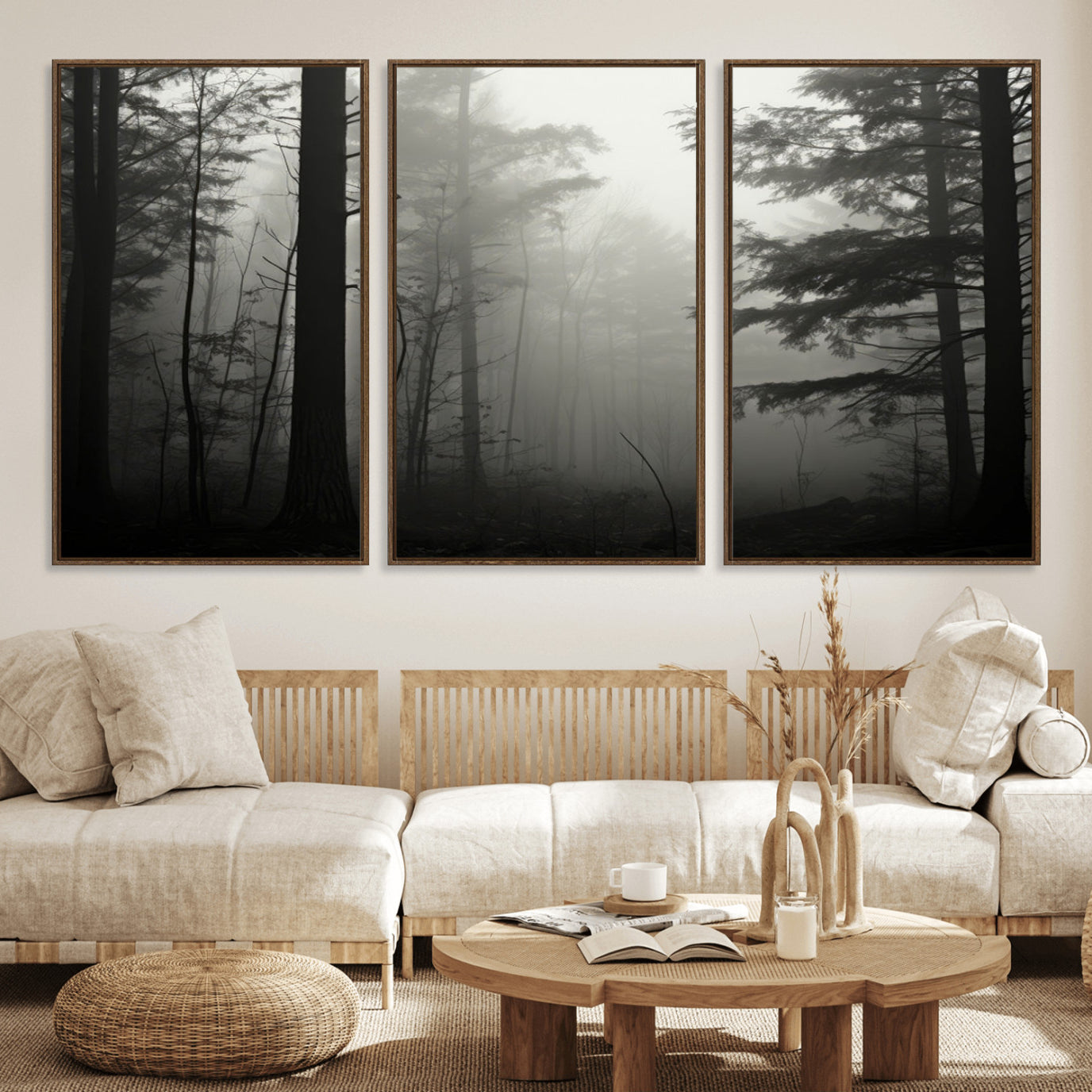 63515-MGV-FC-60X30-3P_Walnut-Misty Forest Wall Art Premium Canvas Print a Foggy and Serene Atmosphere - Nature Wall Art