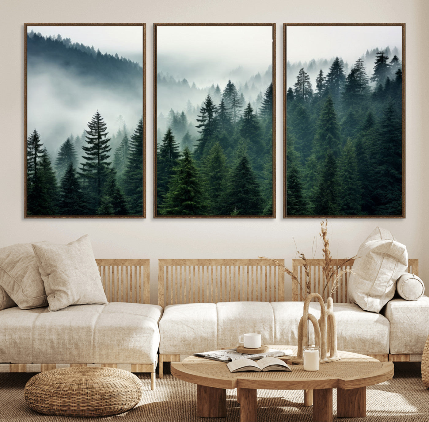 63262-MGV-FC-60X30-3P_Walnut-Captivating Misty Forest Wall Art Premium Canvas Print, Foggy and Serene Atmosphere Canvas Print