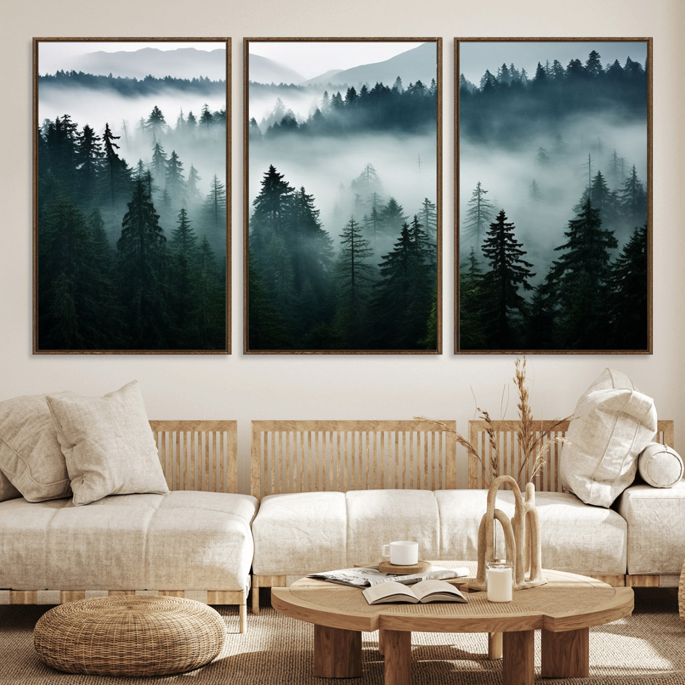 90079-MGV-FC-60X30-3P_Walnut-Captivating Misty Forest Wall Art Canvas, Premium Canvas Print a Foggy and Serene Atmosphere
