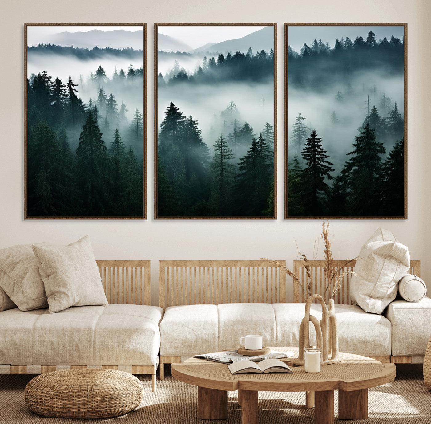 90079-MGV-FC-60X30-3P_Walnut-Captivating Misty Forest Wall Art Canvas, Premium Canvas Print a Foggy and Serene Atmosphere