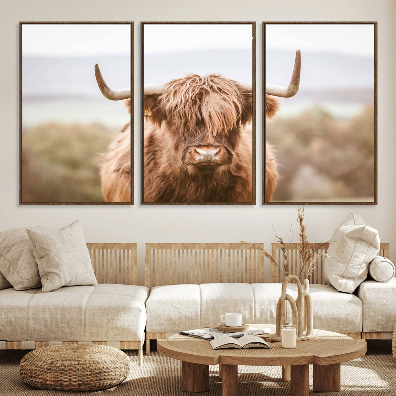 -Scottish Serene Highland Cow Canvas Wall Art – Serene Highland Cow in Natural Pastel Tones – Ready