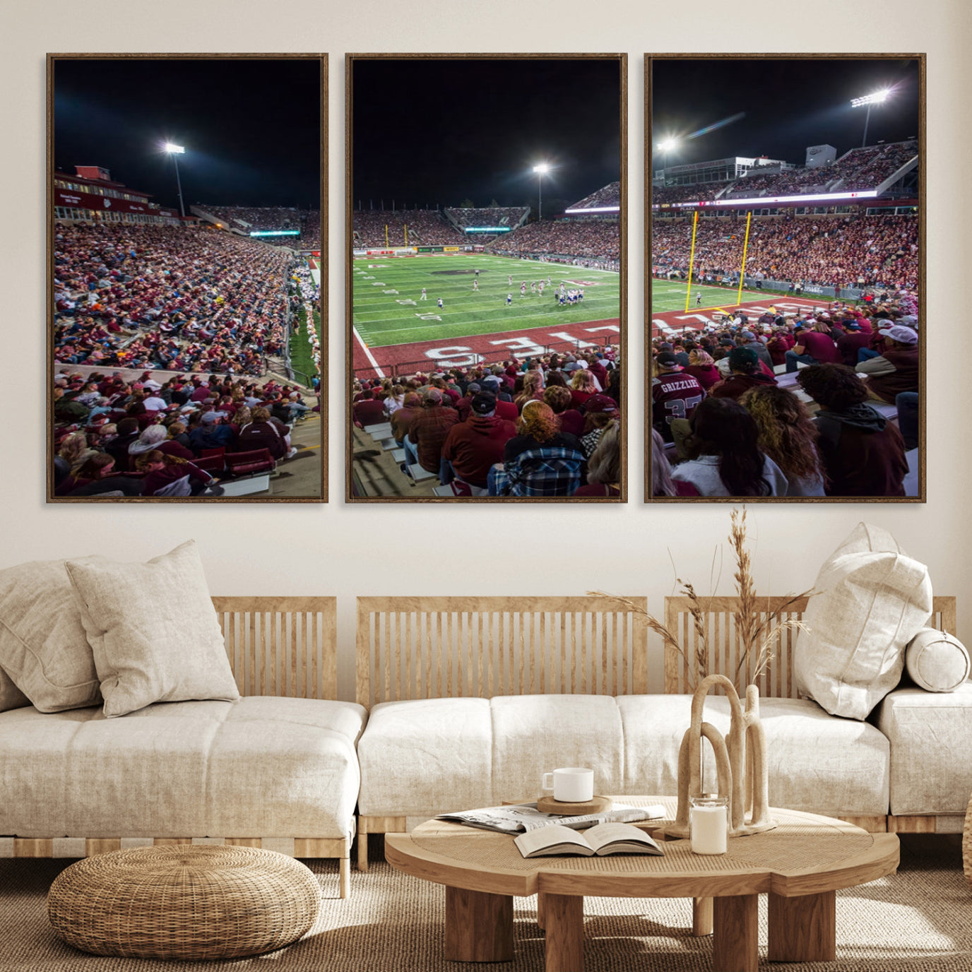 56191-MGV-FC-60X30-3P_Walnut-American Football Wall Art Canvas Print Framed Stadium Sport Wall Art Print Iconic Game Day Decor for Home, Office