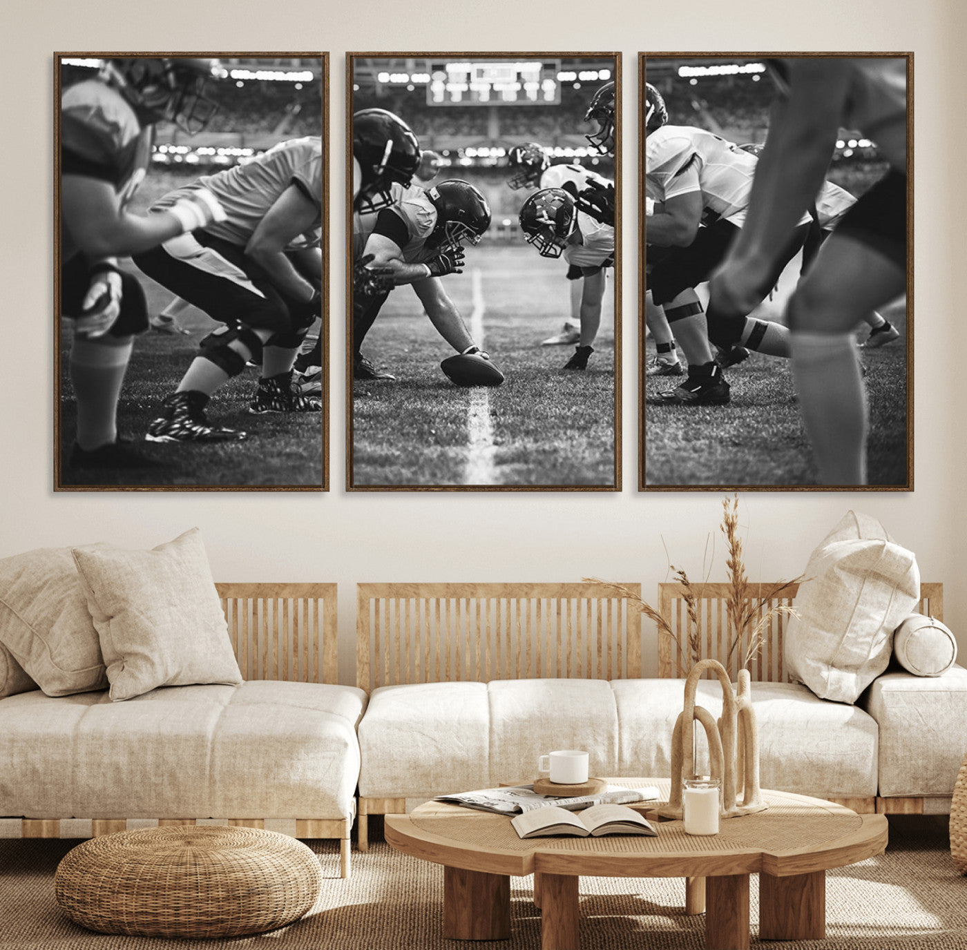13273-MGV-FC-60X30-3P_Walnut-American Football Wall Art Canvas Print Framed Stadium Sport Wall Art Iconic Game Day Decor for Home, Office