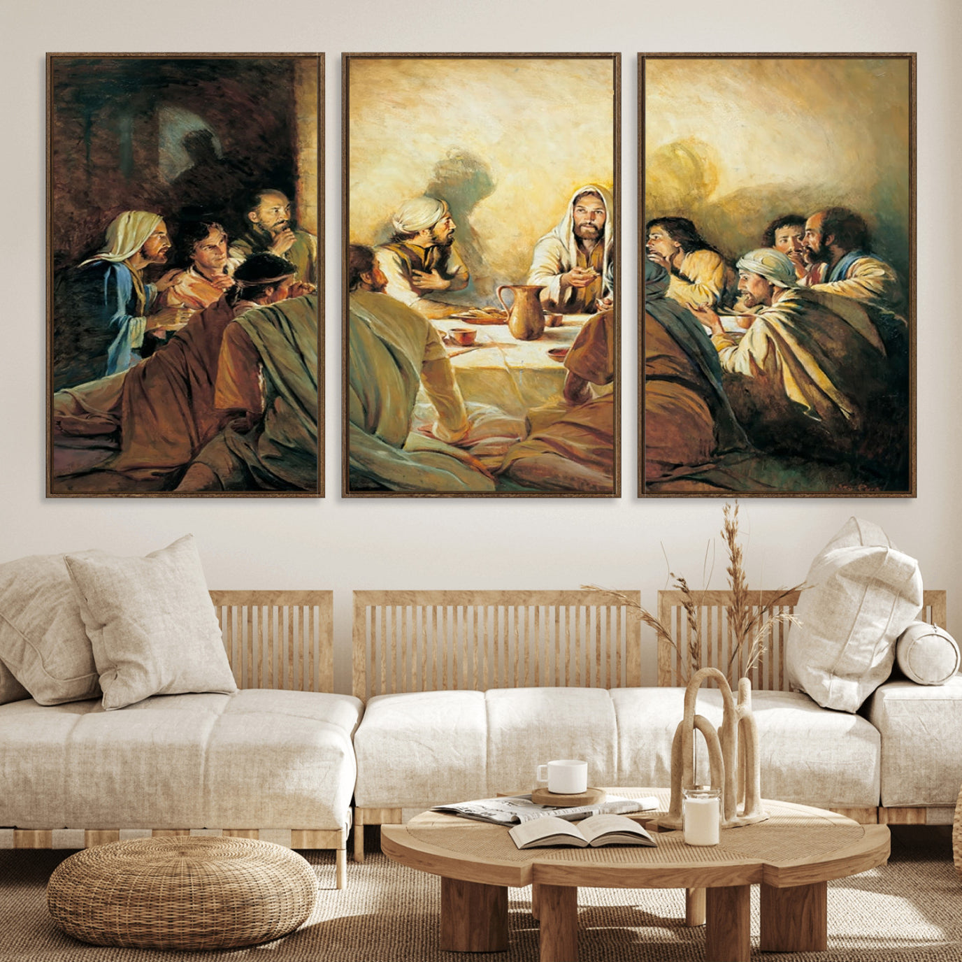 Framed canvas print of the Last Supper, depicting Jesus and his disciples, perfect for religious or Christian-themed home decor.