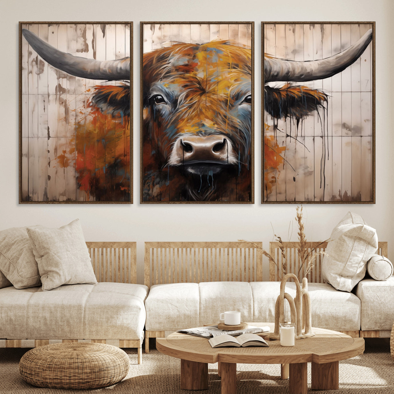47284-MGV-FC-60X30-3P_Walnut-Abstract Bull Highland Cow Canvas Wall Art Print – Vibrant Rustic Charm in Modern Farmhouse Decor –