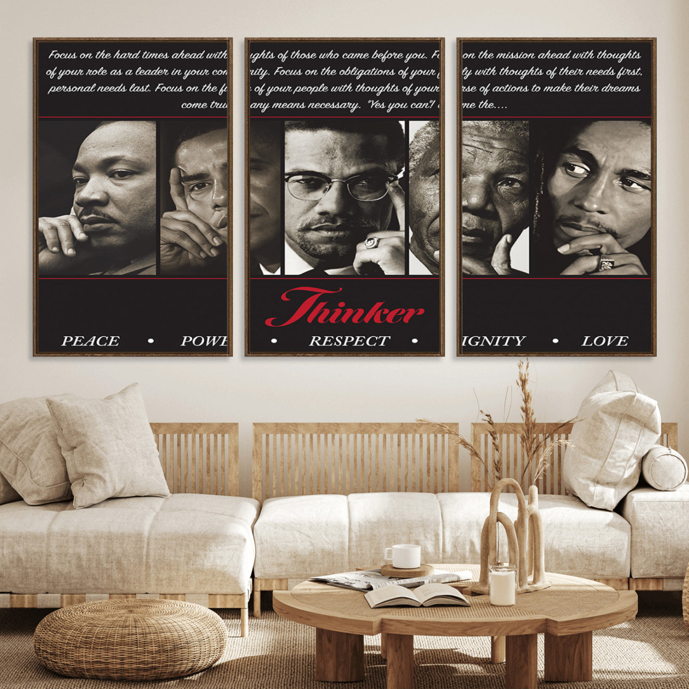 41417-MGV-FC-60X30-3P_Walnut-Thinkers of Wall Art Canvas Print - Inspirational Wall Art Featuring Icons of Peace, Power, and