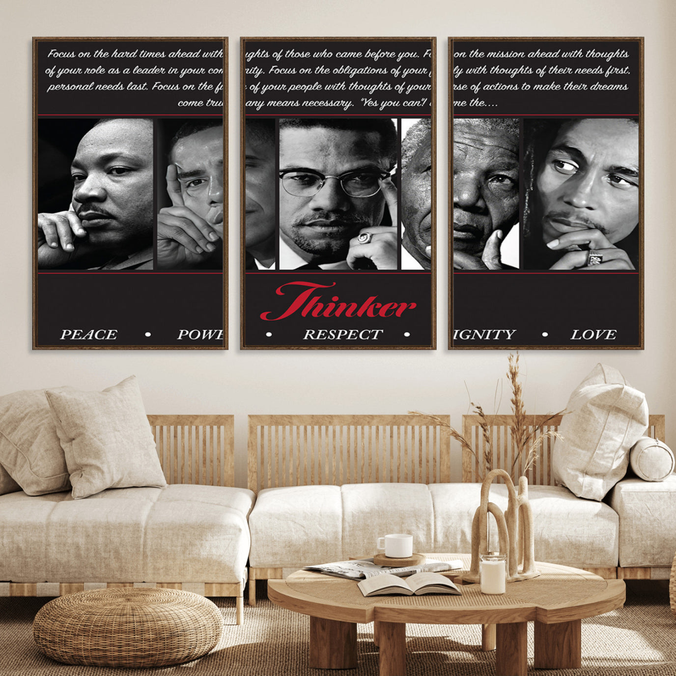 45112-MGV-FC-60X30-3P_Walnut-Thinker Quintet Canvas Wall Art – Martin, Obama, Malcolm X, Mandela, Marley Featuring Peace, Power,