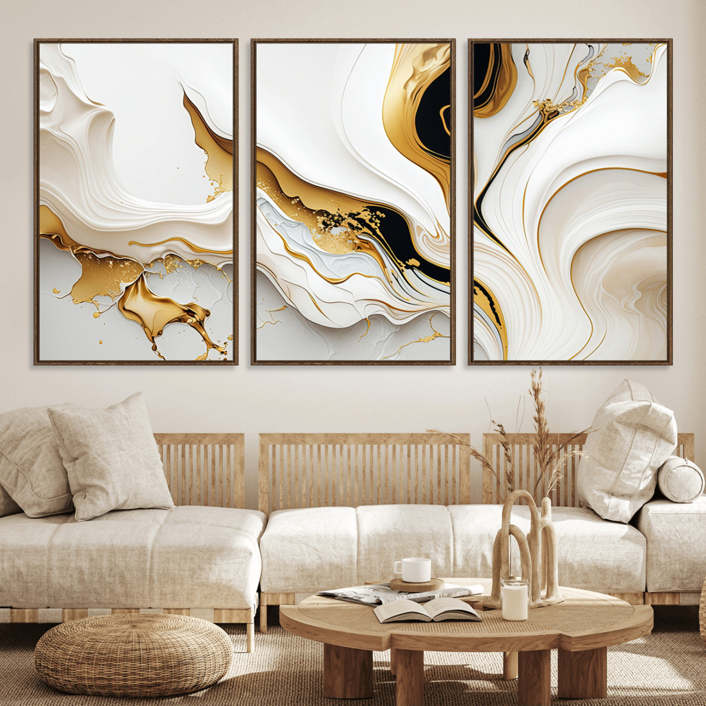 98637-MGV-FC-60X30-3P_Walnut-Gold Waves on Pure White Canvas – Gold Abstract Art for Modern Interiors | Wall Art Canvas, Framed &