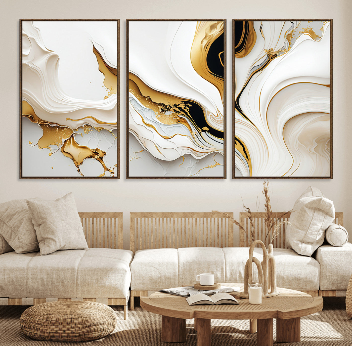 98637-MGV-FC-60X30-3P_Walnut-Gold Waves on Pure White Canvas – Gold Abstract Art for Modern Interiors | Wall Art Canvas, Framed &