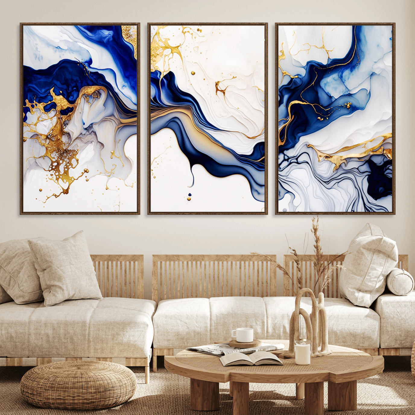 93392-MGV-FC-60X30-3P_Walnut-Golden Cascades on Midnight Blue – Deep Blue Abstract Wall Art Flowing Elegance | Wall Art Canvas,