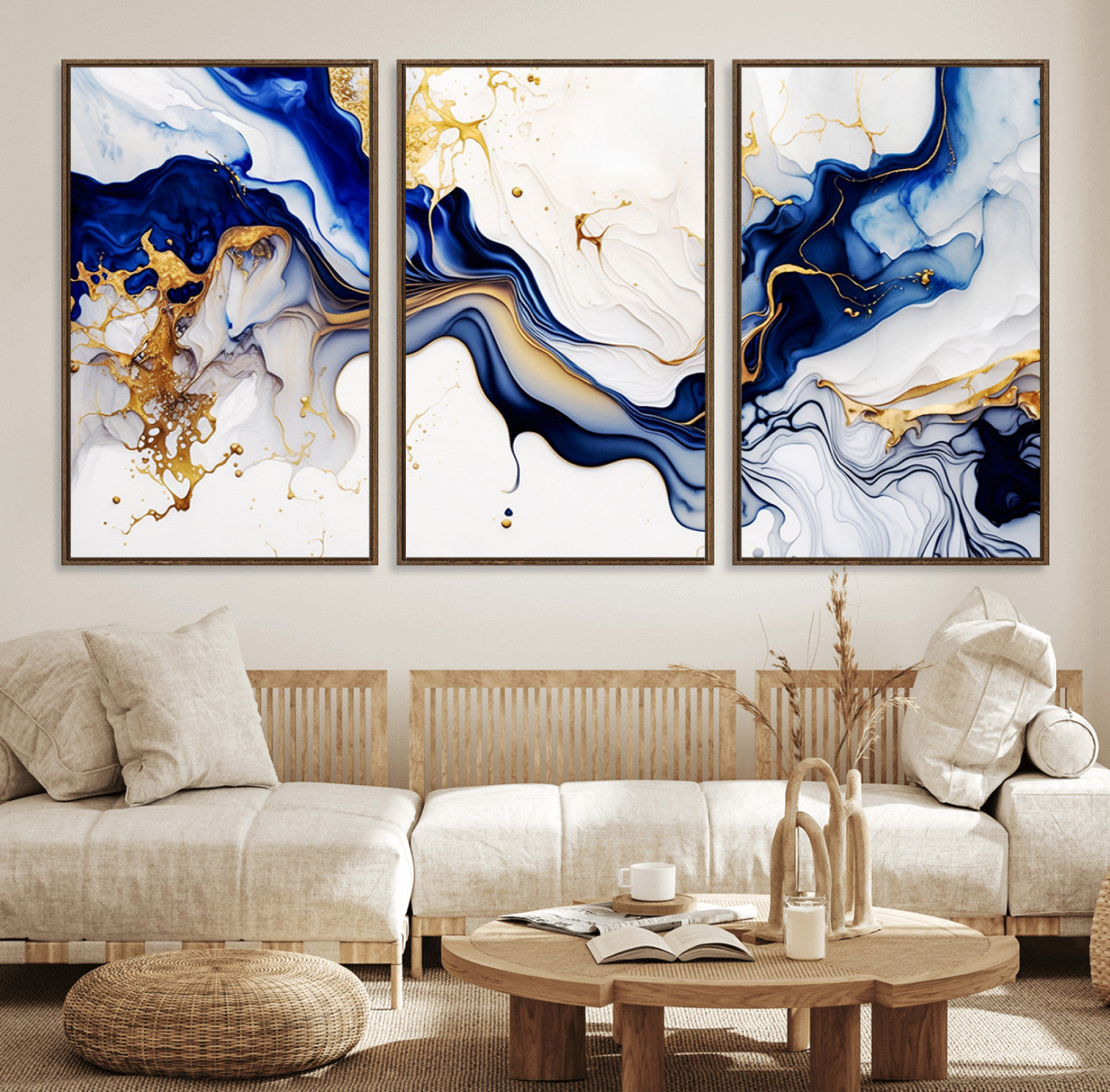 93392-MGV-FC-60X30-3P_Walnut-Golden Cascades on Midnight Blue – Deep Blue Abstract Wall Art Flowing Elegance | Wall Art Canvas,