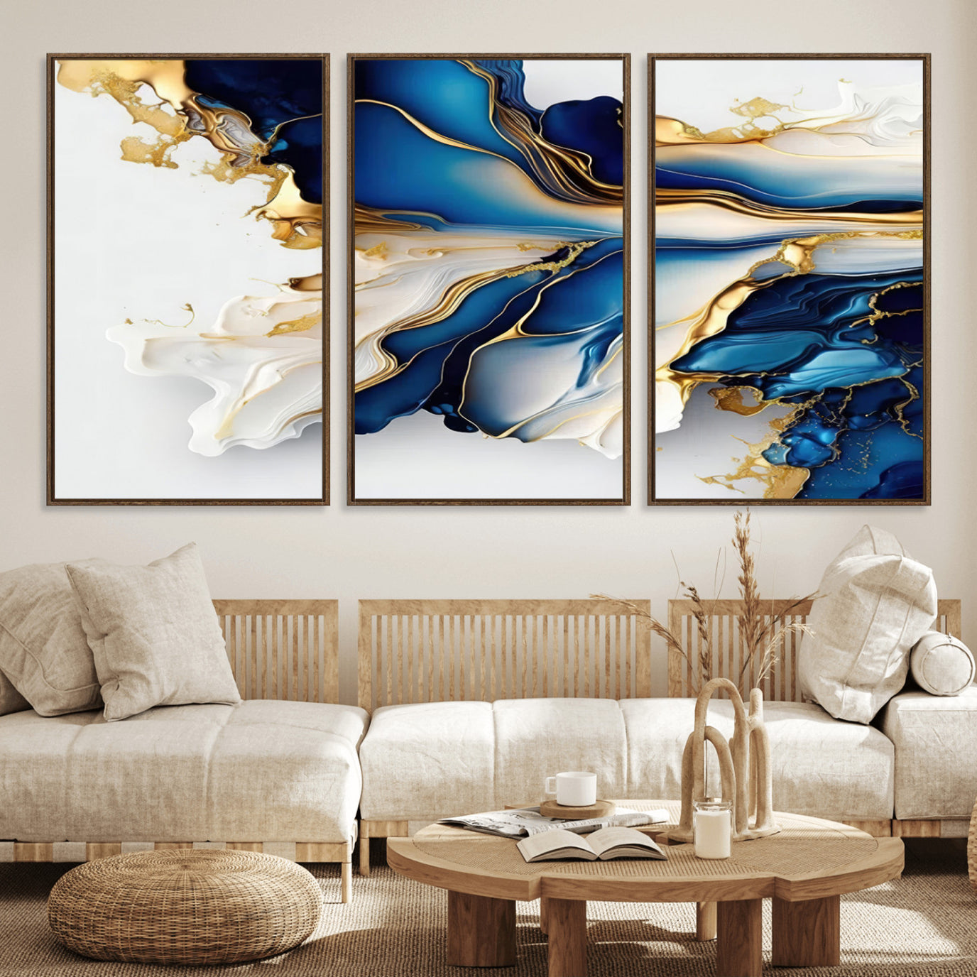 65693-MGV-FC-60X30-3P_Walnut-Gold Marble Art - Abstract Geode Gold And Blue Marble Shape 3 Pieces Wall Art Canvas Print