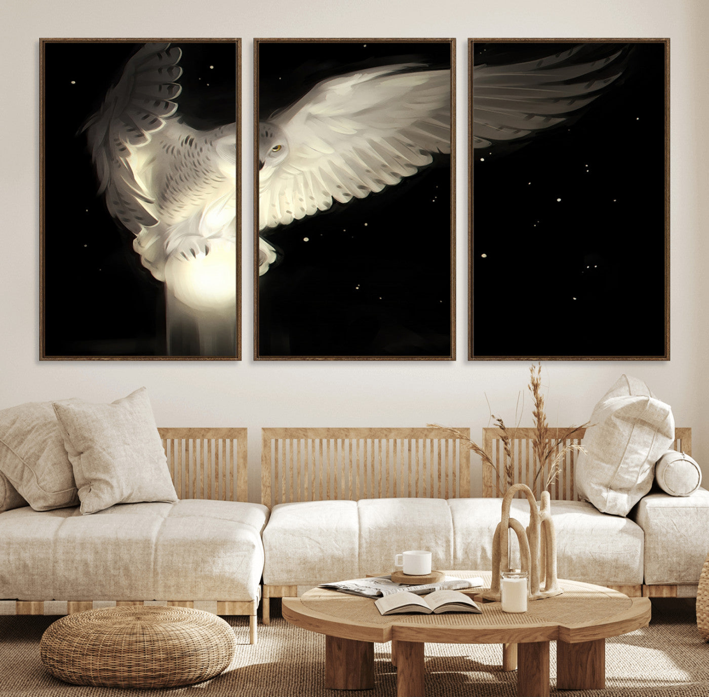 90978-MGV-FC-60X30-3P_Walnut-Night Owl Art - Illuminating the Darkness – Unique Animal-Inspired Wall Art for Modern Decor |