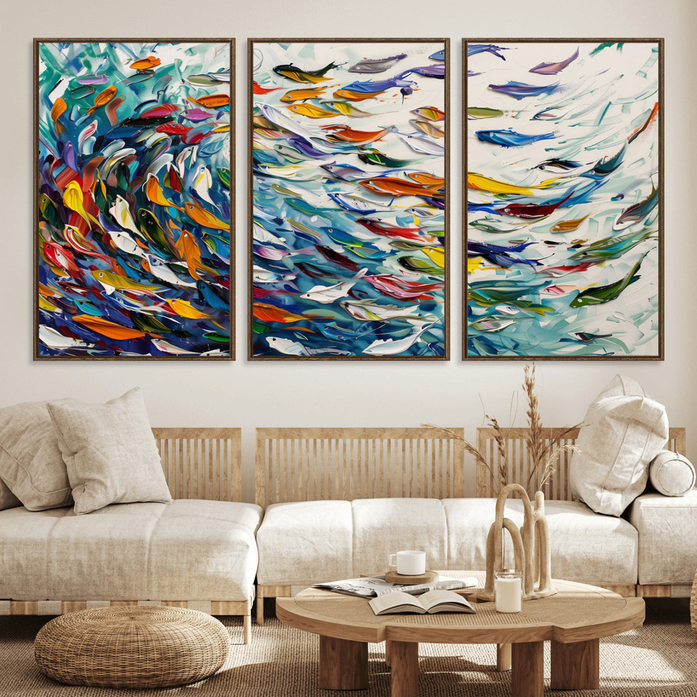 -Modern Abstract Fish Shoal Wall Art Canvas Print, Colorful Fish Herd Painting on Canvas Print, Ocean