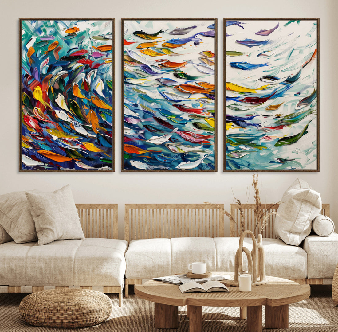 Modern Abstract Fish Shoal Wall Art Canvas Print, Colorful Fish Ocean Animal Art
