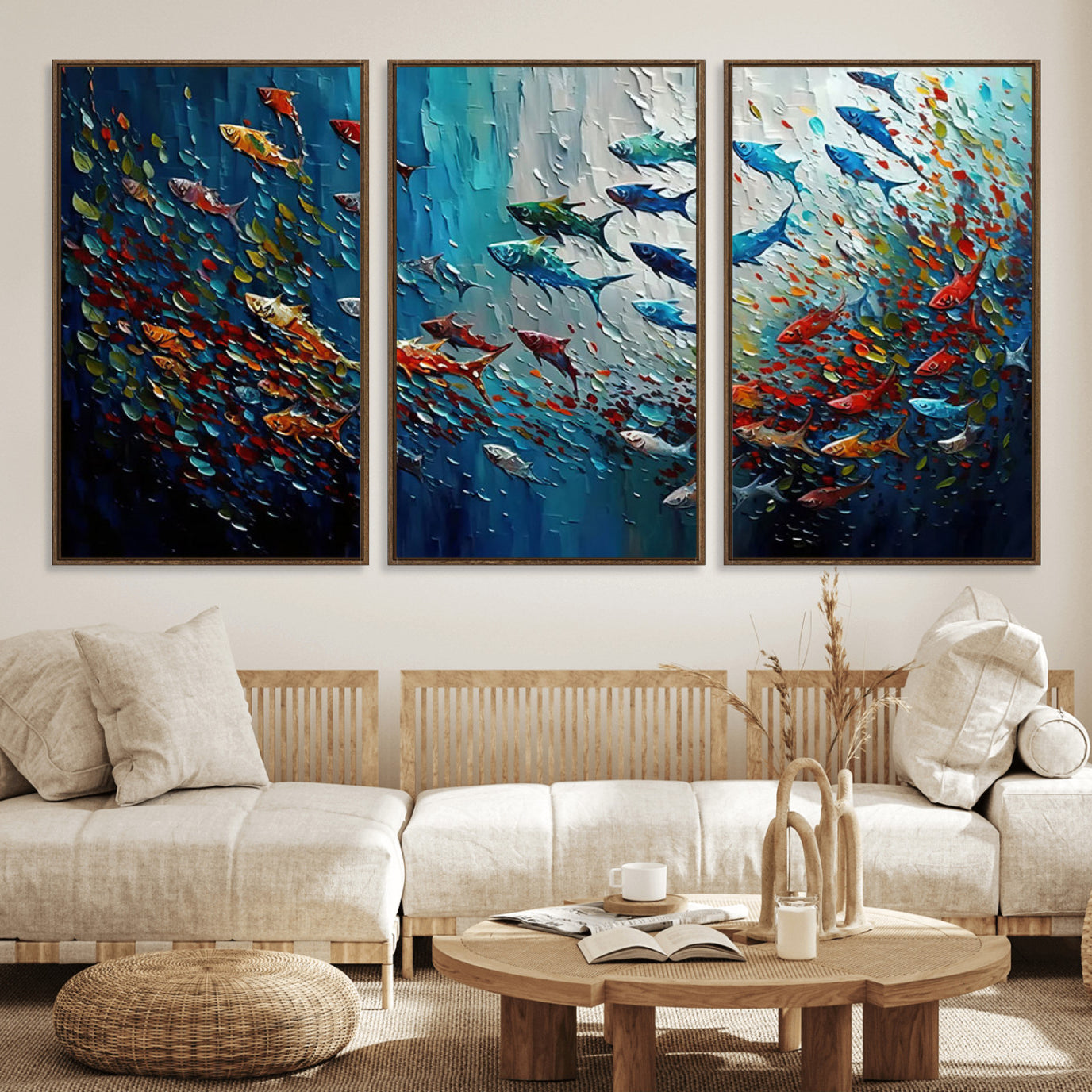 89626-MGV-FC-60X30-3P_Walnut-Modern Abstract Fish Shoal Wall Art Canvas Print, Colorful Fish Herd Painting on Canvas Print, Ocean