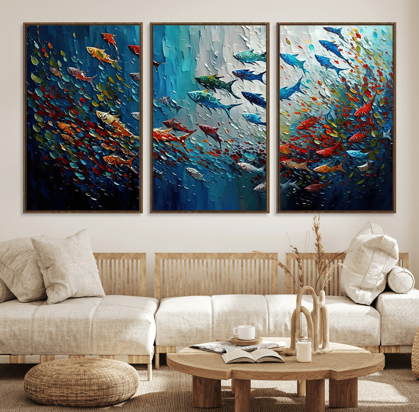 89626-MGV-FC-60X30-3P_Walnut-Modern Abstract Fish Shoal Wall Art Canvas Print, Colorful Fish Herd Painting on Canvas Print, Ocean