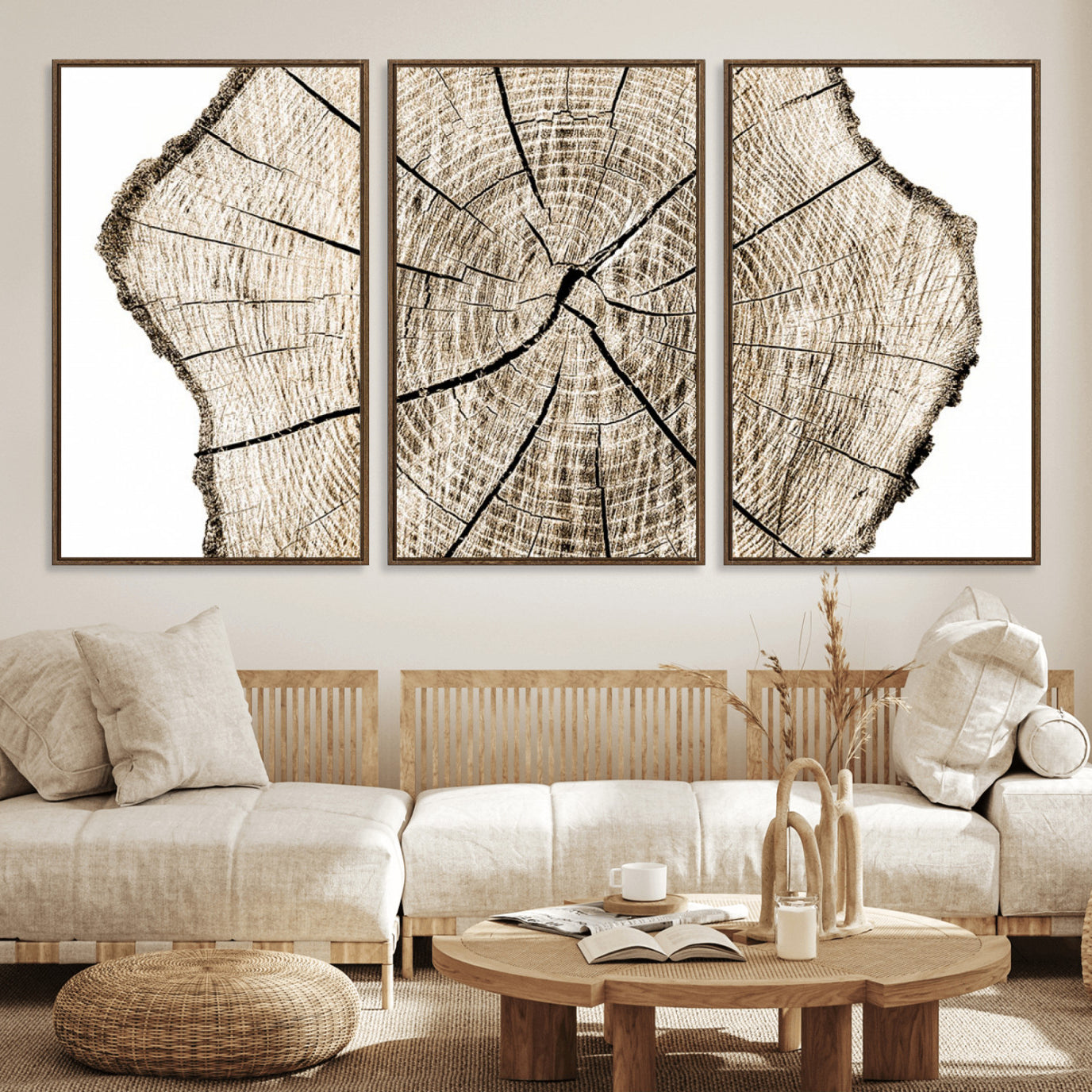 12450-MGV-FC-60X30-3P_Walnut-Abstract Wood Tree Ring Wall Art - Ready to Hang Minimalist Wooden Design for Rustic & Contemporary