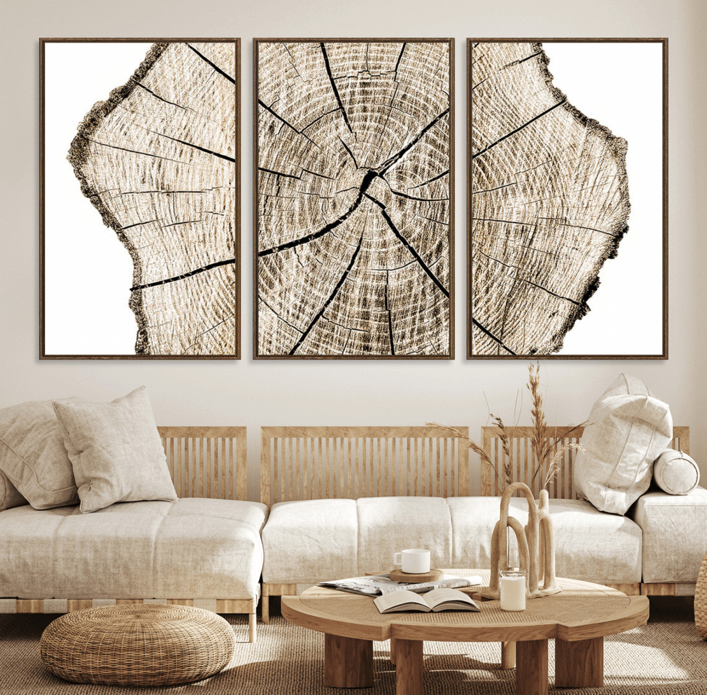 12450-MGV-FC-60X30-3P_Walnut-Abstract Wood Tree Ring Wall Art - Ready to Hang Minimalist Wooden Design for Rustic & Contemporary
