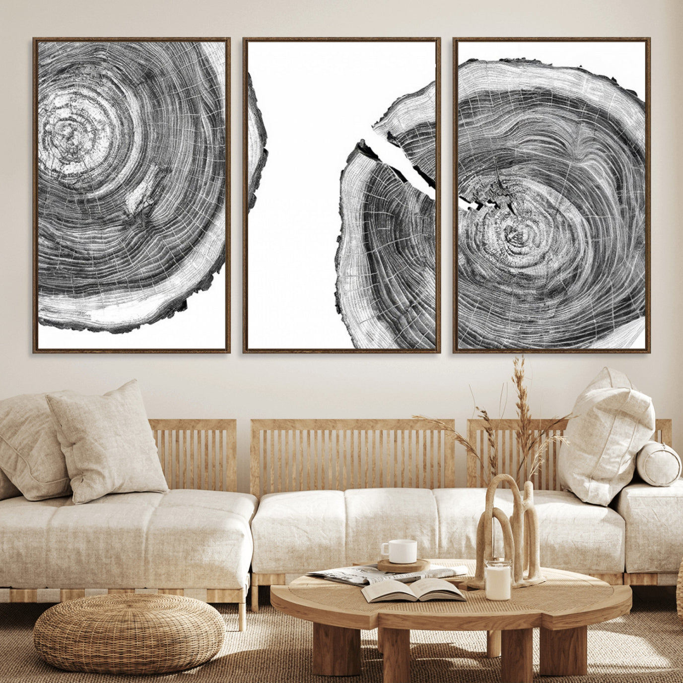 23016-MGV-FC-60X30-3P_Walnut-Modern Black and White Tree Rings Canvas Wall Art – Nature Inspired Wood Slice Print – Minimalist