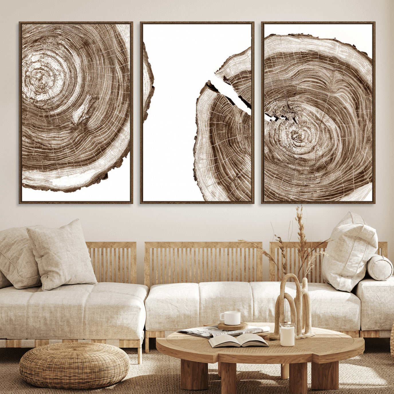 43743-MGV-FC-60X30-3P_Walnut-Wood Tree Ring Wall Art Canvas Prints, Tree Rings – Minimalist Black and White Wood Art | Triptych