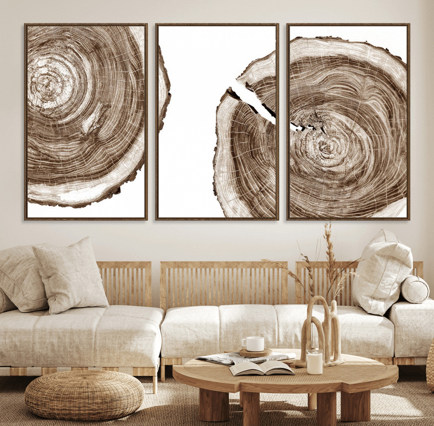 43743-MGV-FC-60X30-3P_Walnut-Wood Tree Ring Wall Art Canvas Prints, Tree Rings – Minimalist Black and White Wood Art | Triptych