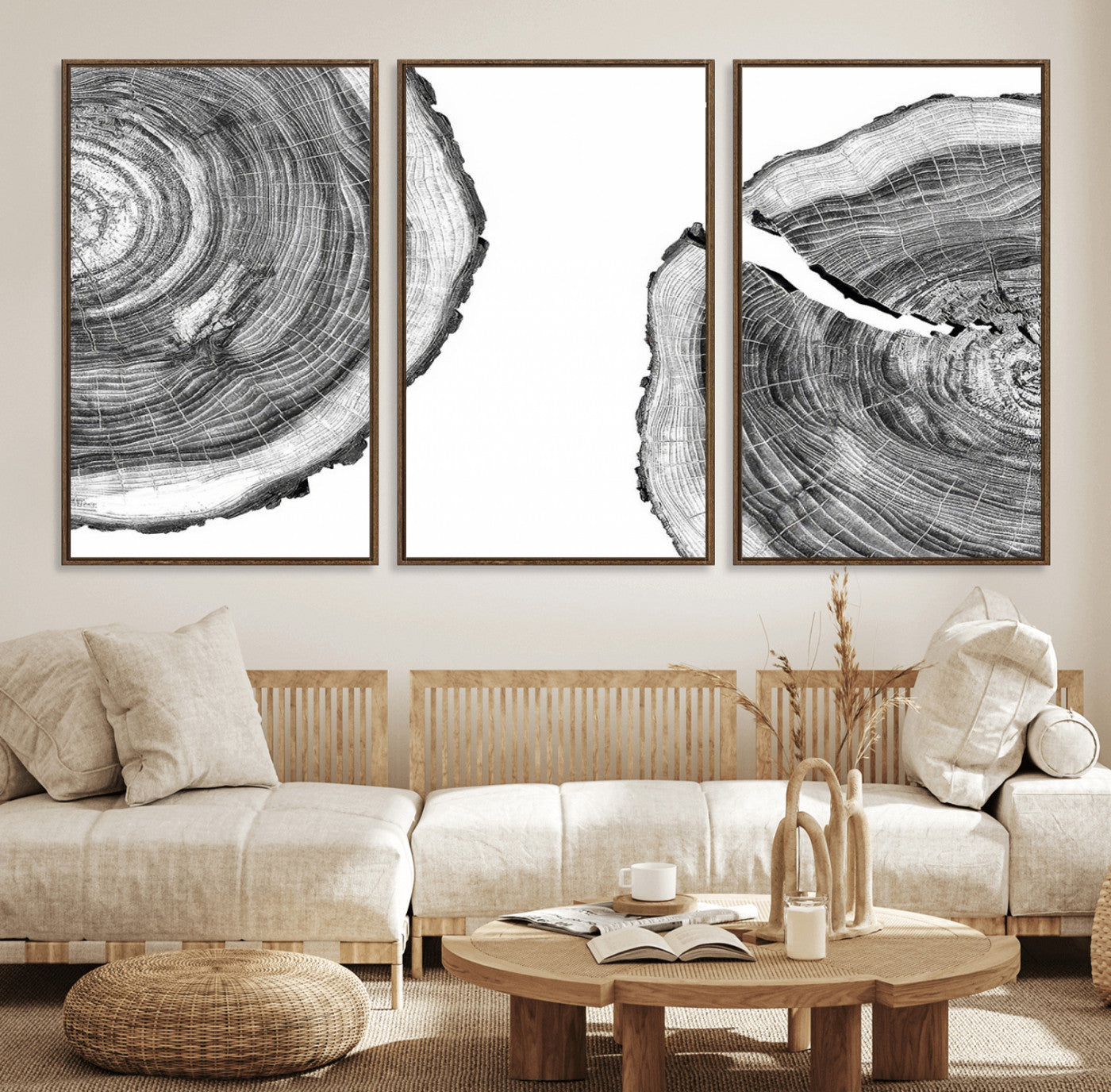 52770-MGV-FC-60X30-3P_Walnut-Abstract Large Tree Rings – Minimalist Black and White Wood Art | Triptych Canvas, Modern Wall Decor