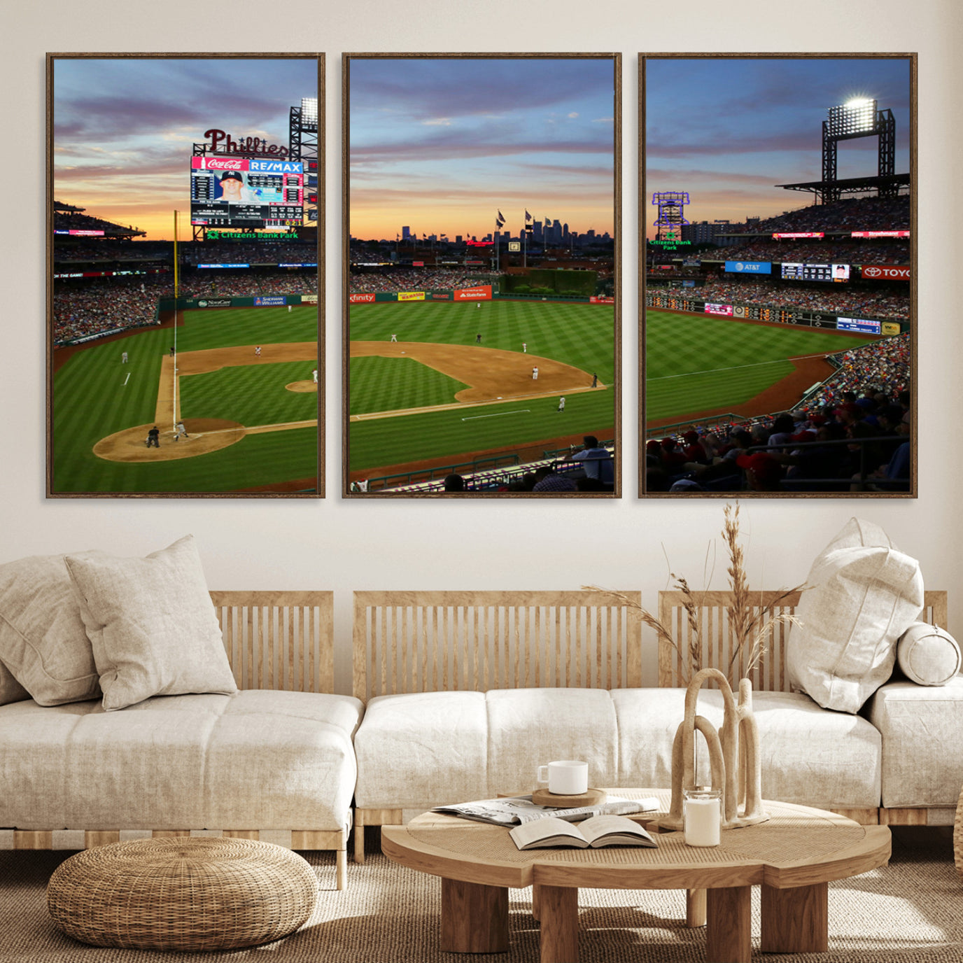 13778-MGV-FC-60X30-3P_Walnut-Citizens Bank Park Philadelphia Phillies Wall Art Canvas | 3-Panel Canvas Print of Phillies Stadium