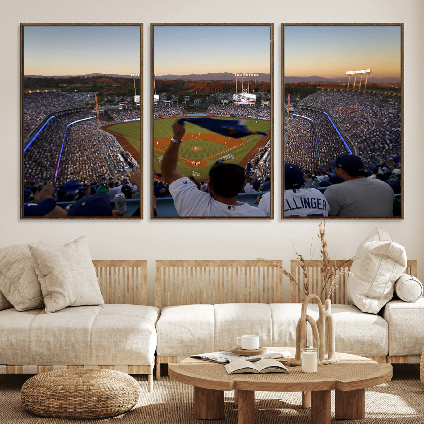 60162-MGV-FC-60X30-3P_Walnut-Dodger Stadium Sunset Game Triple Canvas Wall Art - Los Angeles Dodgers MLB Match