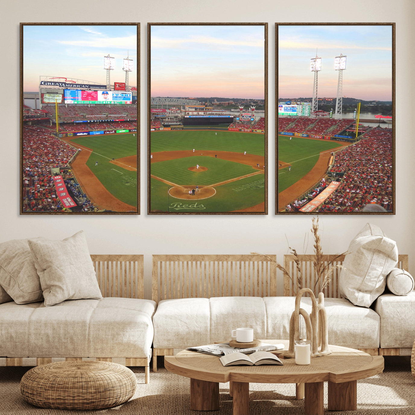20257-MGV-FC-60X30-3P_Walnut-Cincinnati Reds Baseball Print Canvas- Cincinnati Great American Ball Park Stadium Wall Art Canvas