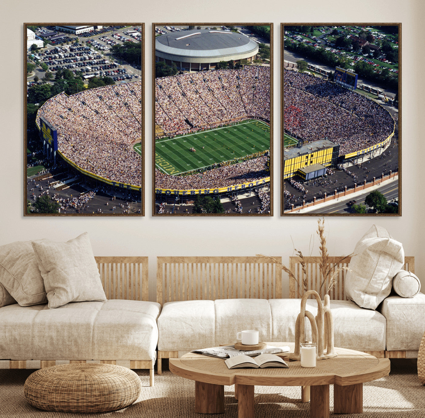 27314-MGV-FC-60X30-3P_Walnut-Michigan Wolverines Football Team Print - Ann Arbor Michigan Stadium Print, Michigan Wolverines