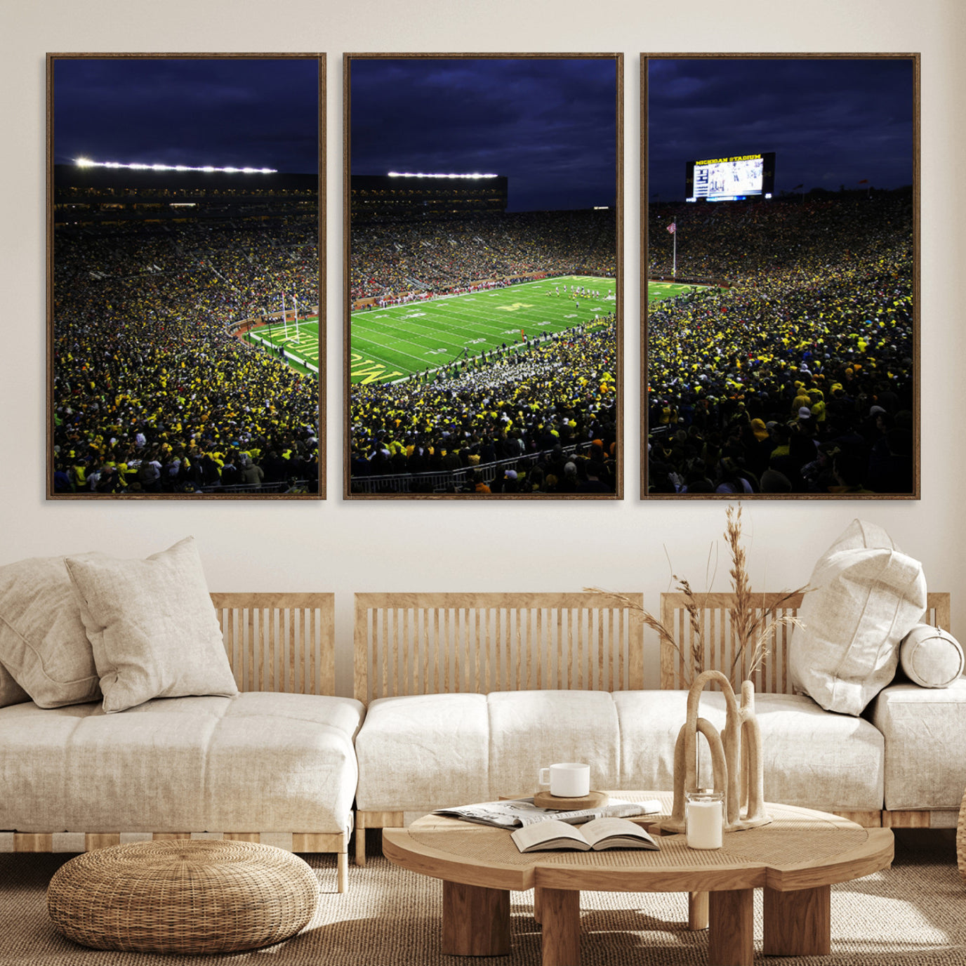 15448-MGV-FC-60X30-3P_Walnut-Michigan Wolverines Football Canvas Wall Decor, Football Team Print - Ann Arbor Michigan Stadium
