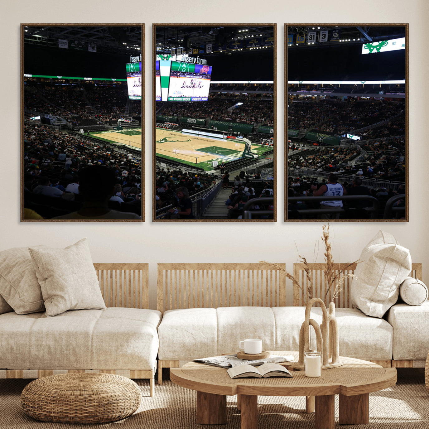 69882-MGV-FC-60X30-3P_Walnut-Milwaukee Bucks Basketball Print - Fiserv Forum Stadium Wall Art Canvas Print