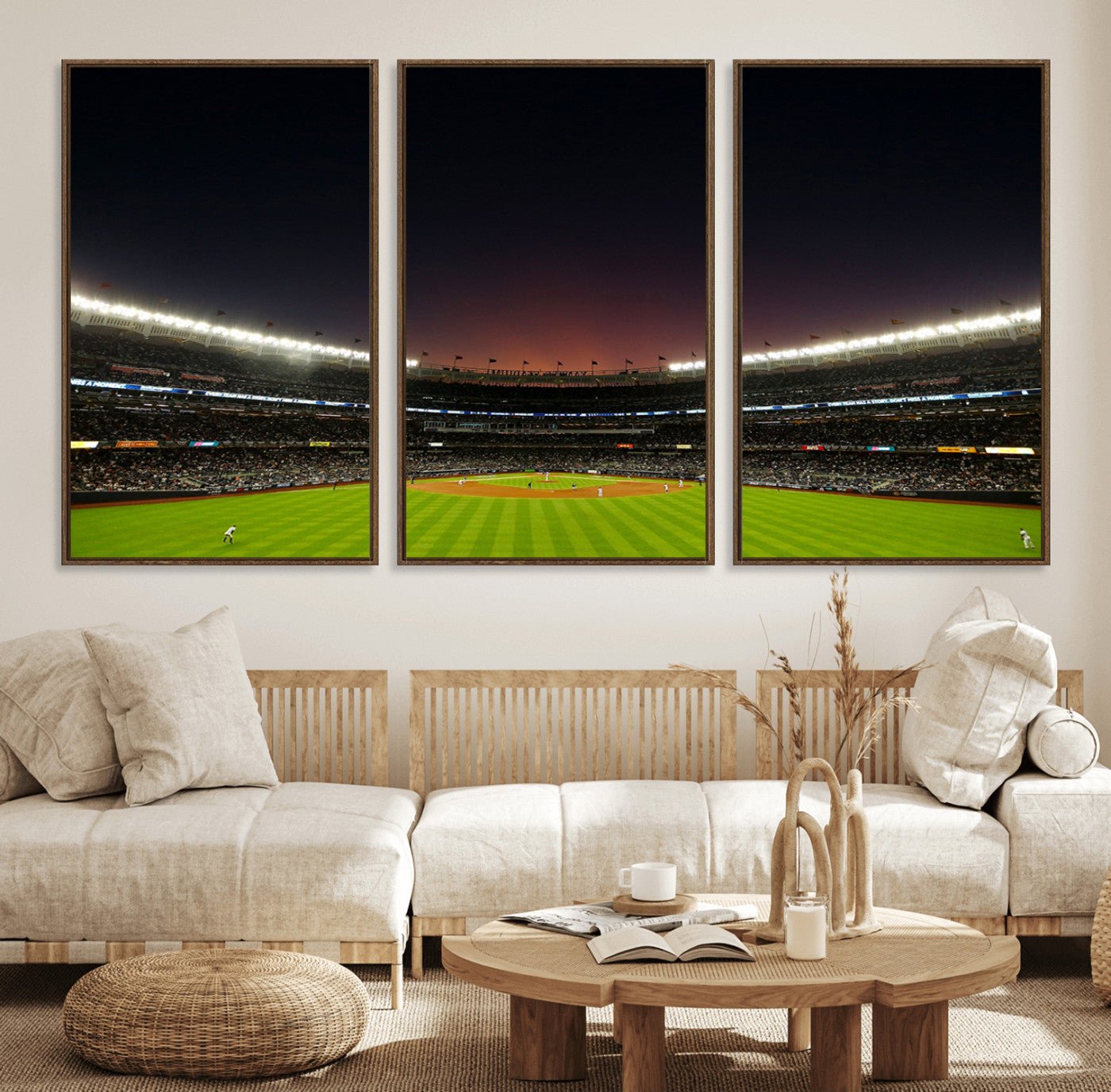 59138-MGV-FC-60X30-3P_Walnut-Yankee Stadium Night Game Triple Canvas, Yankee Stadium Canvas Wall Art - New York Yankees MLB Match