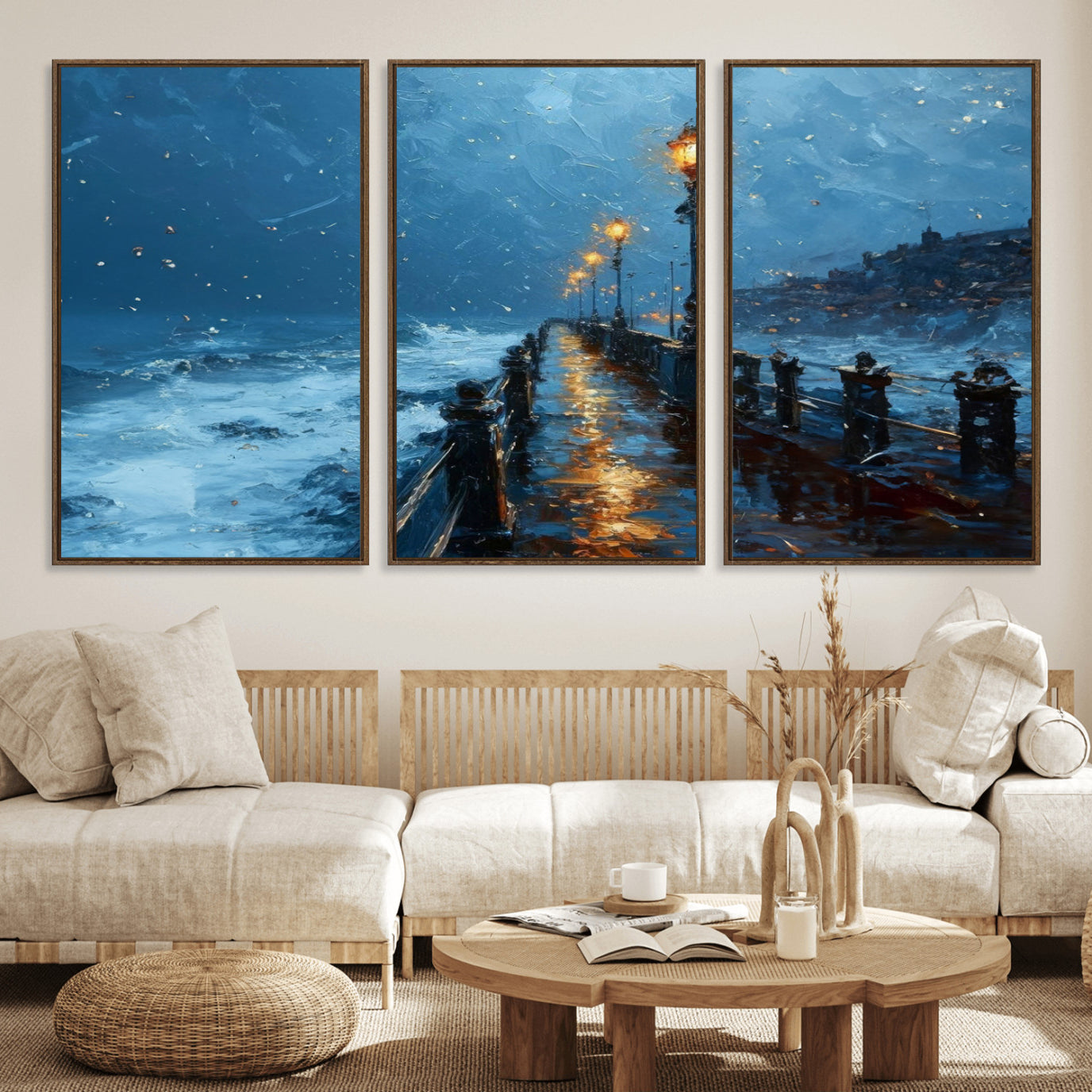 47244-MGV-FC-60X30-3P_Walnut-Stormy Night at Beach Pier Oil Painting Large Wall Art Print, Framed Canvas Nature Wall Decor,