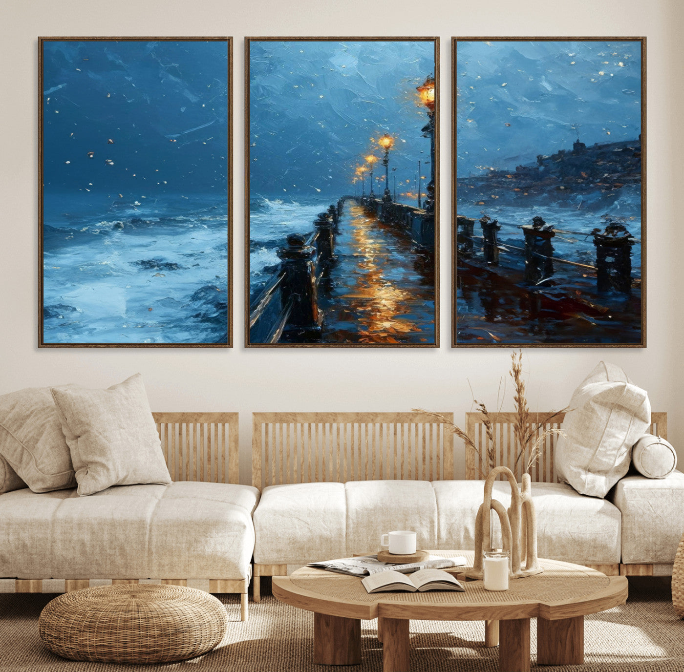 47244-MGV-FC-60X30-3P_Walnut-Stormy Night at Beach Pier Oil Painting Large Wall Art Print, Framed Canvas Nature Wall Decor,
