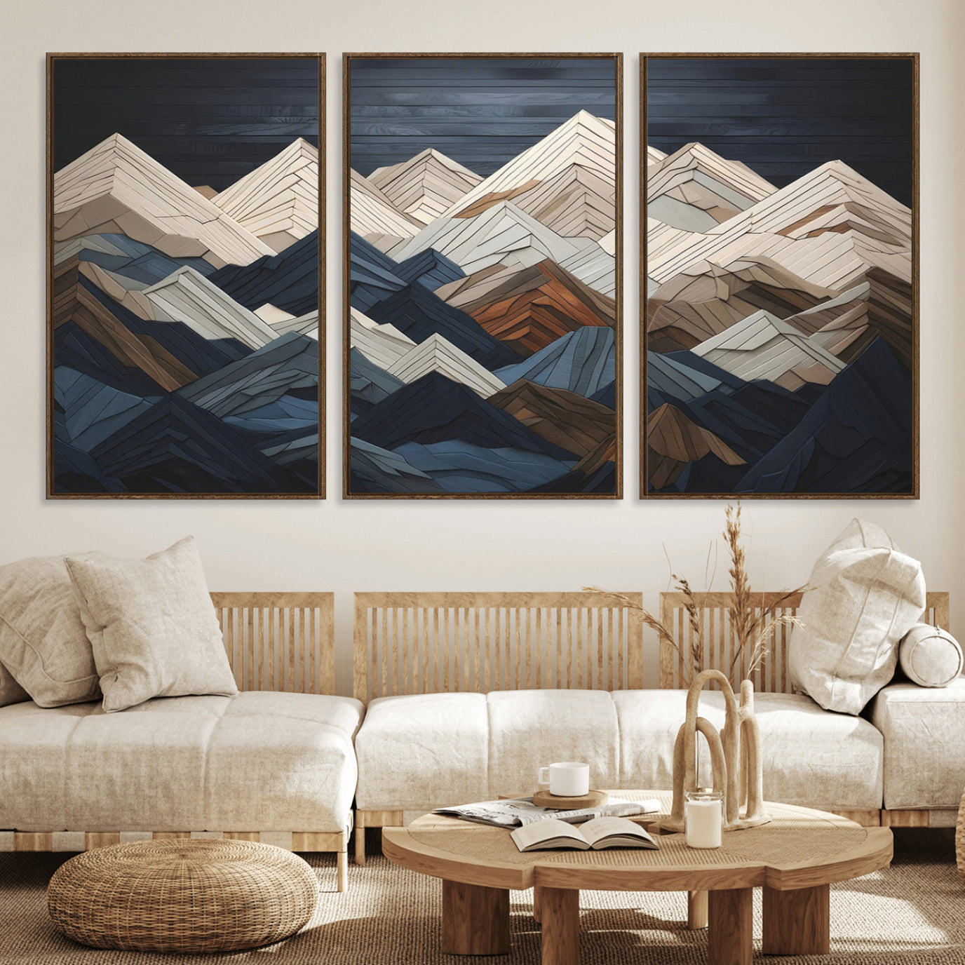 12896-MGV-FC-60X30-3P_Walnut-Mountain Wall Art – Modern Geometric Landscape Canvas Print, Abstract Nature Inspired Decor for Home or Office