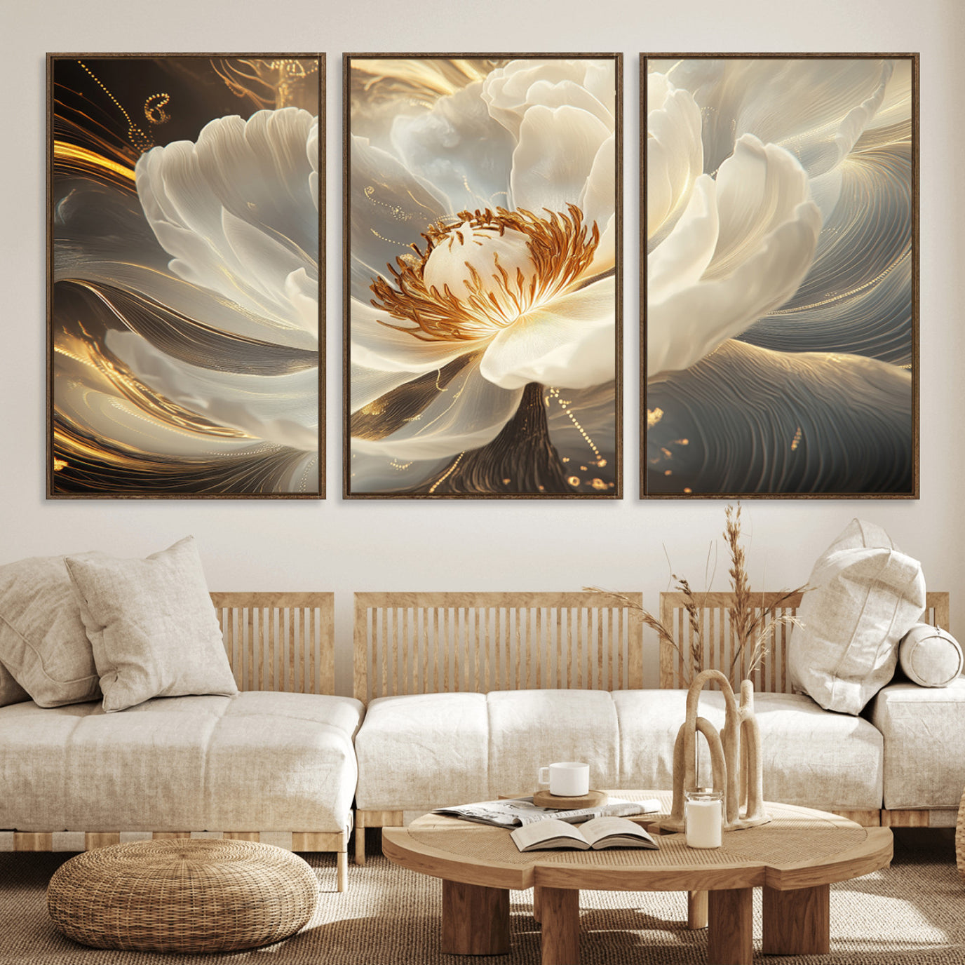 88383-MGV-FC-60X30-3P_Walnut-Gold Floral Wall Art Canvas Print, Framed Modern Flower Art Picture Print, Golden Abstract Perfect Vintage Decor Artwork