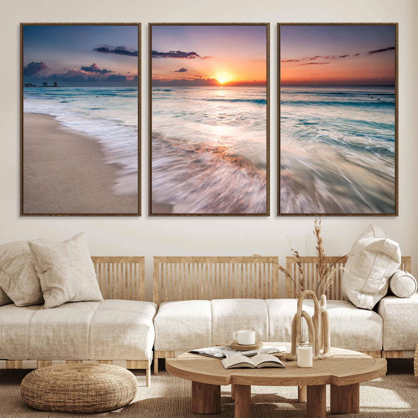 11379-MGV-FC-60X30-3P_Walnut-Sunset Beach Wall Art – Soothing Coastal Landscape, Ready to Hang for Tranquil Home Decor