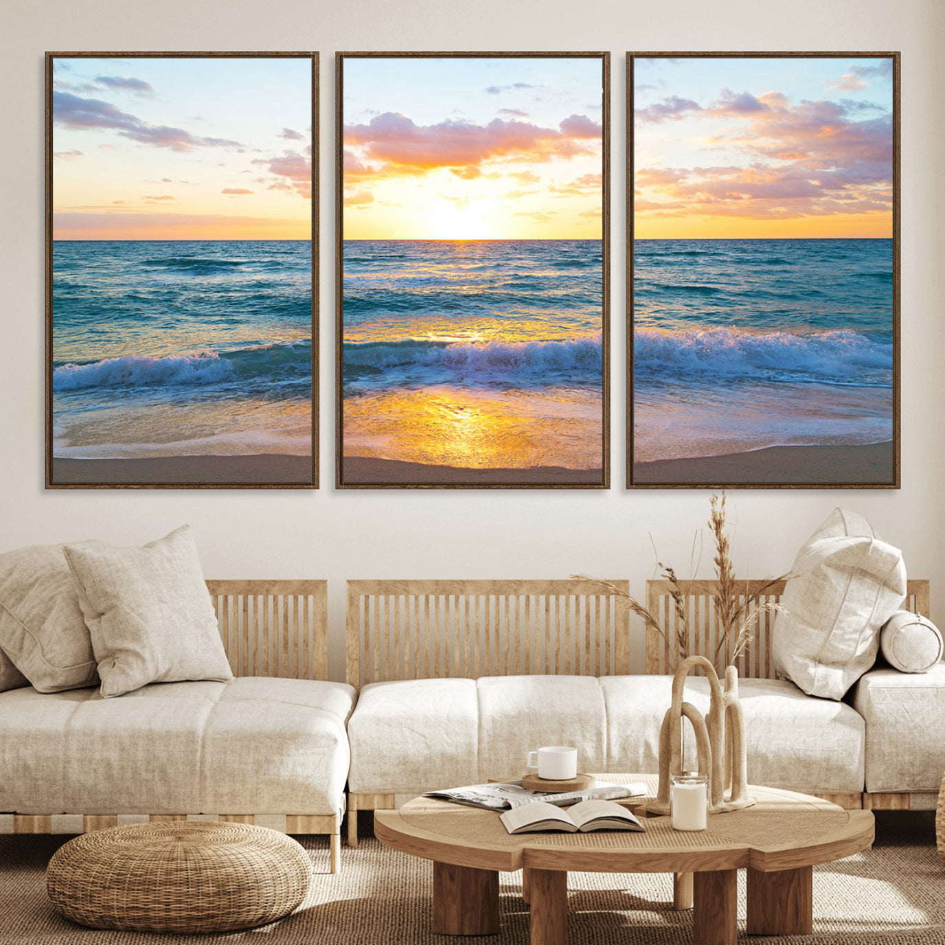 63383-MGV-FC-60X30-3P_Walnut-Golden Sunset Over Ocean Waves - Serene Coastal Triptych Wall Art for Relaxing Home Decor, Ready to