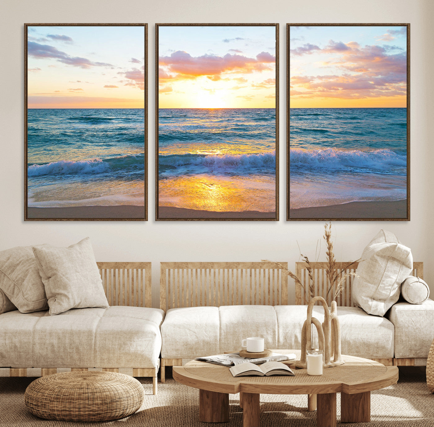 63383-MGV-FC-60X30-3P_Walnut-Golden Sunset Over Ocean Waves - Serene Coastal Triptych Wall Art for Relaxing Home Decor, Ready to