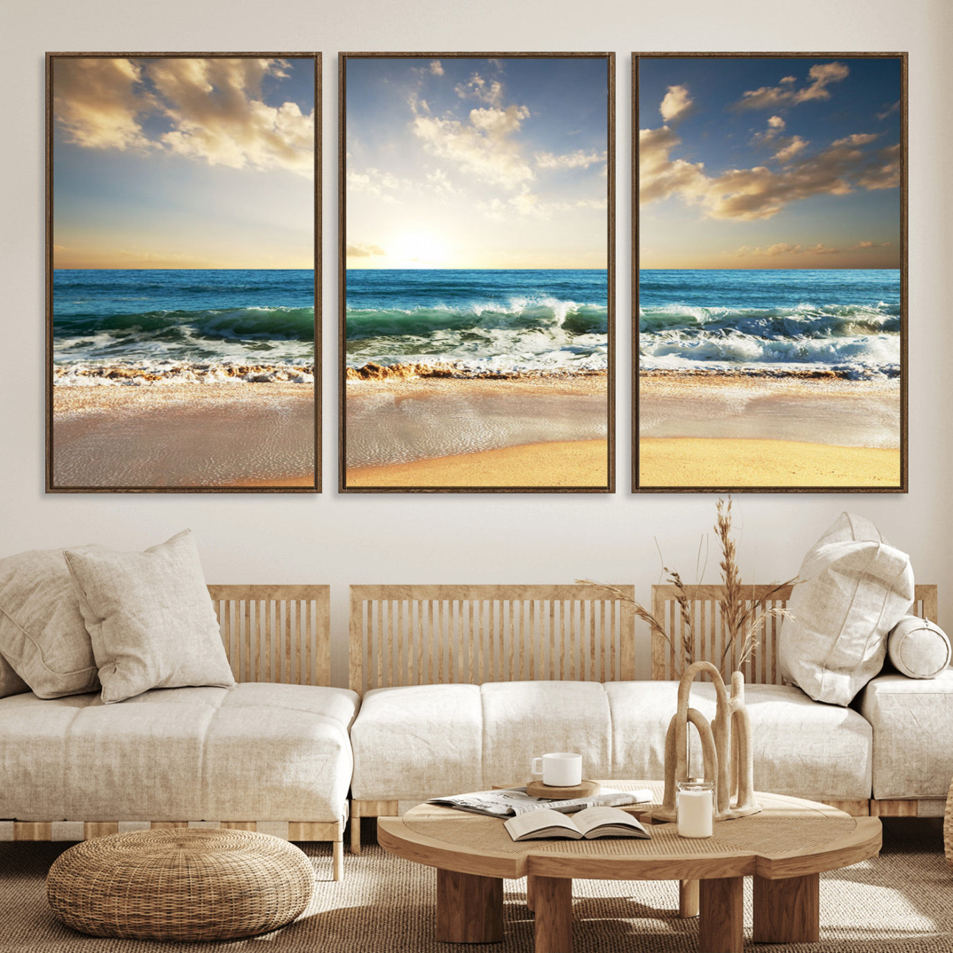 83376-MGV-FC-60X30-3P_Walnut-Golden Sunset Beach Triptych Canvas Wall Art for Living Room – 3-Panel Ocean View, Framed & Ready to