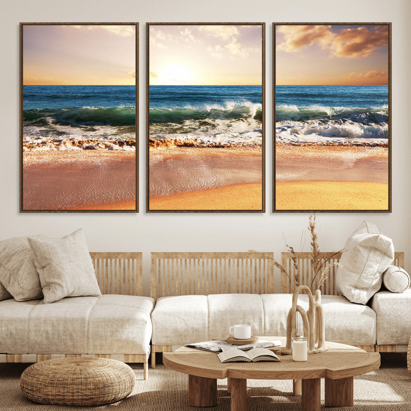 42011-MGV-FC-60X30-3P_Walnut-Sunset Beach Wall Art - 3-Panel Framed Canvas Print, Ready to Hang Ocean Sunset for Coastal and