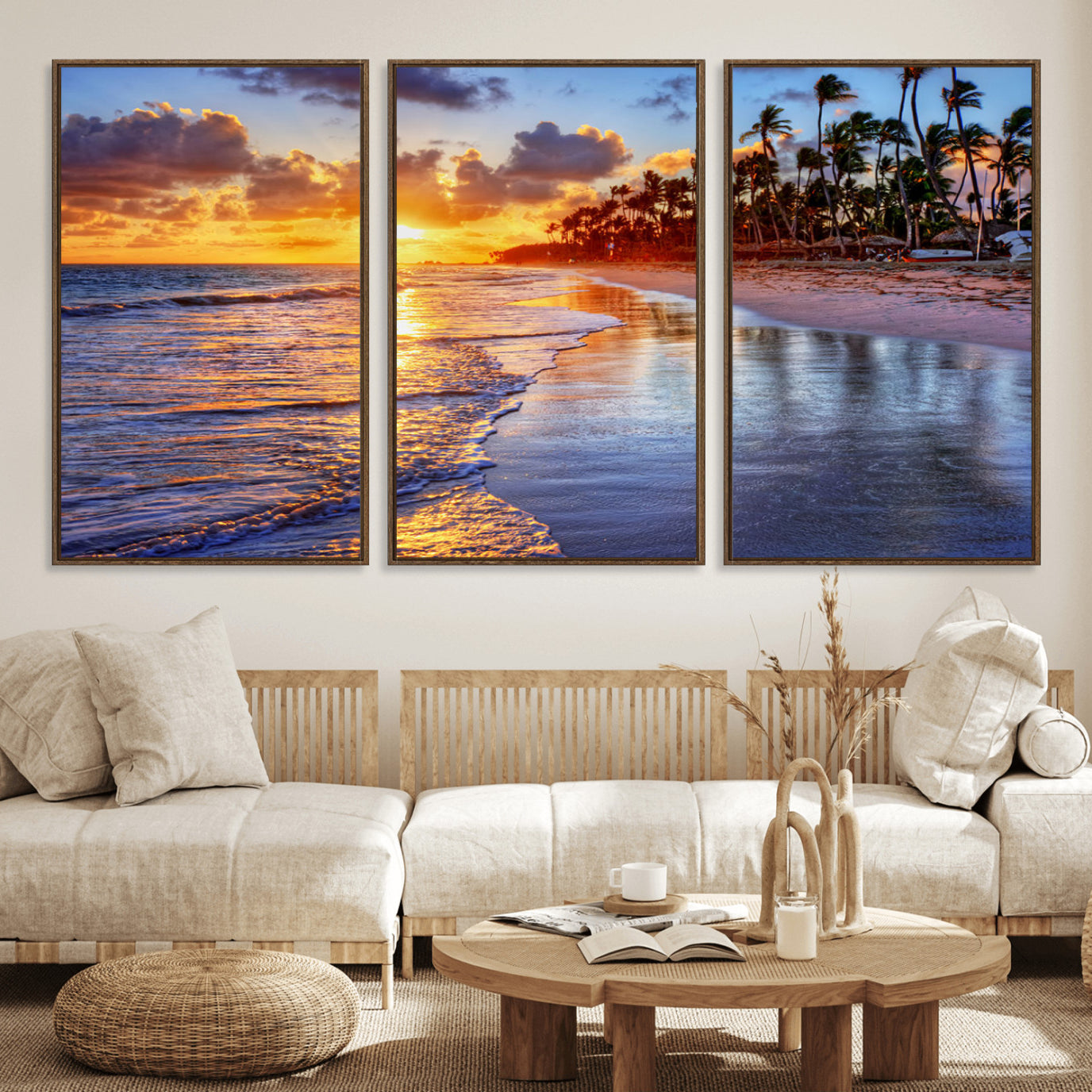 32177-MGV-FC-60X30-3P_Walnut-Serene Beach Sunset Wall Art Canvas- Coastal Seascape Print for Living Room or Bedroom, Ocean Waves