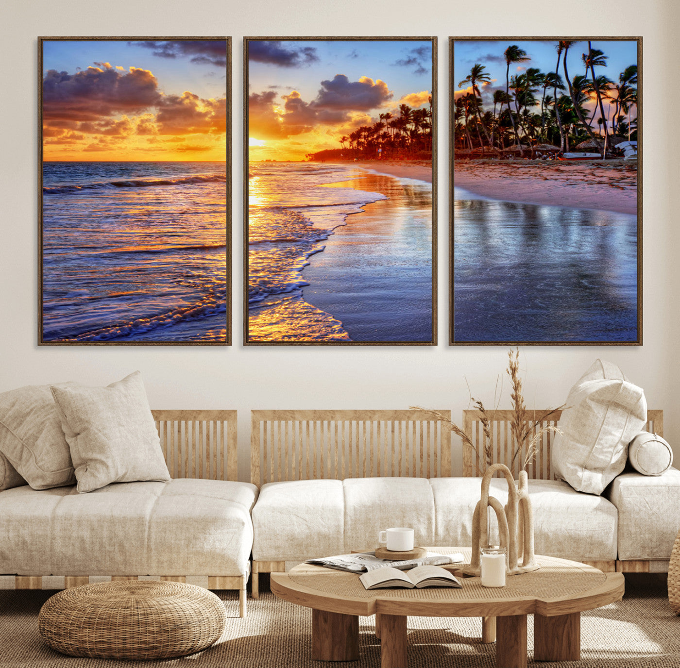 32177-MGV-FC-60X30-3P_Walnut-Serene Beach Sunset Wall Art Canvas- Coastal Seascape Print for Living Room or Bedroom, Ocean Waves