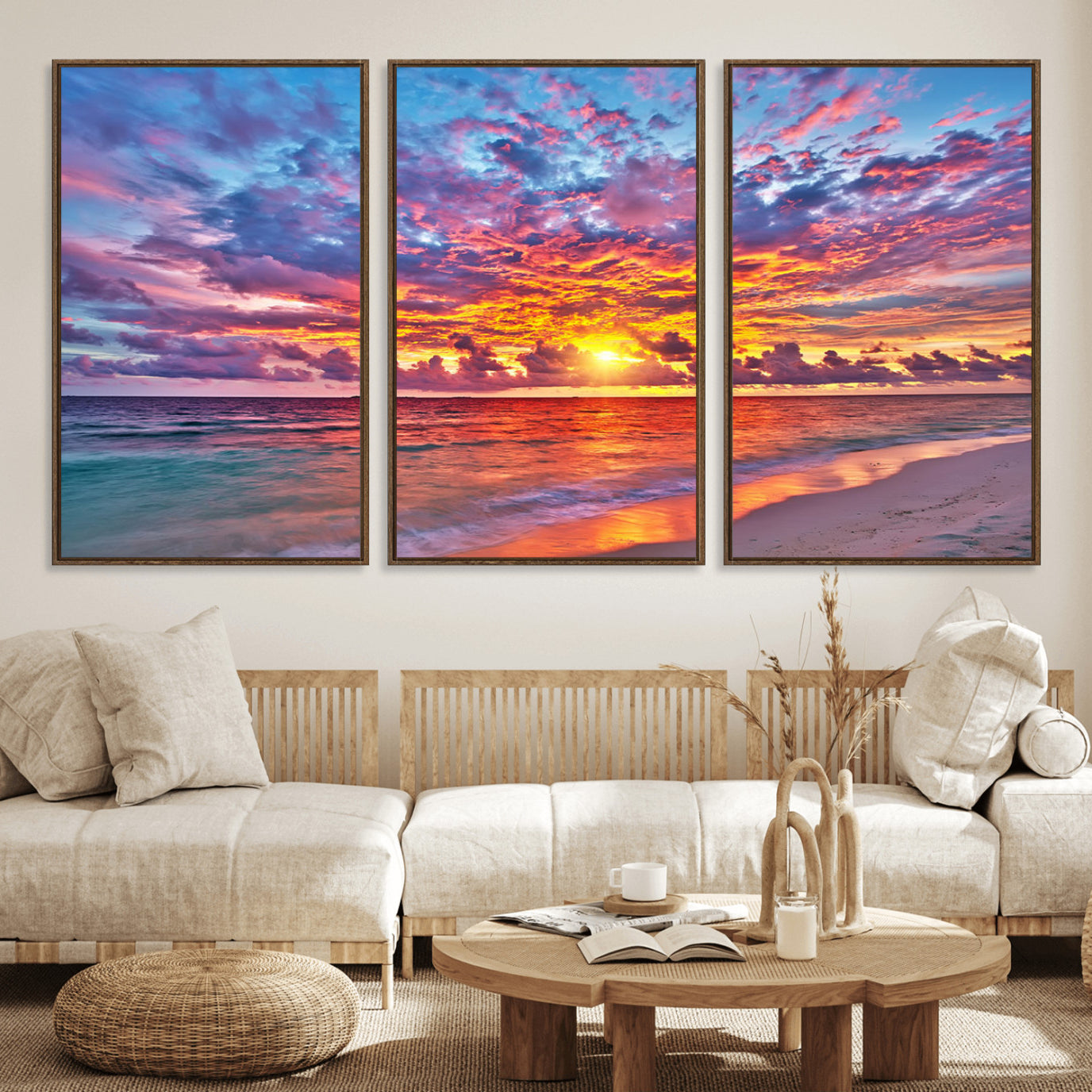 12616-MGV-FC-60X30-3P_Walnut-Vibrant Sunset Beach Wall Art - Ocean Sunset Canvas Print | Coastal Wall Art Decor Stunning Sunset