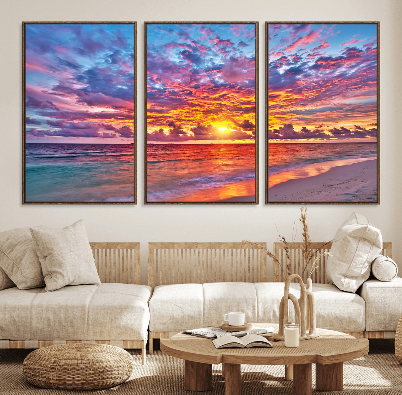12616-MGV-FC-60X30-3P_Walnut-Vibrant Sunset Beach Wall Art - Ocean Sunset Canvas Print | Coastal Wall Art Decor Stunning Sunset