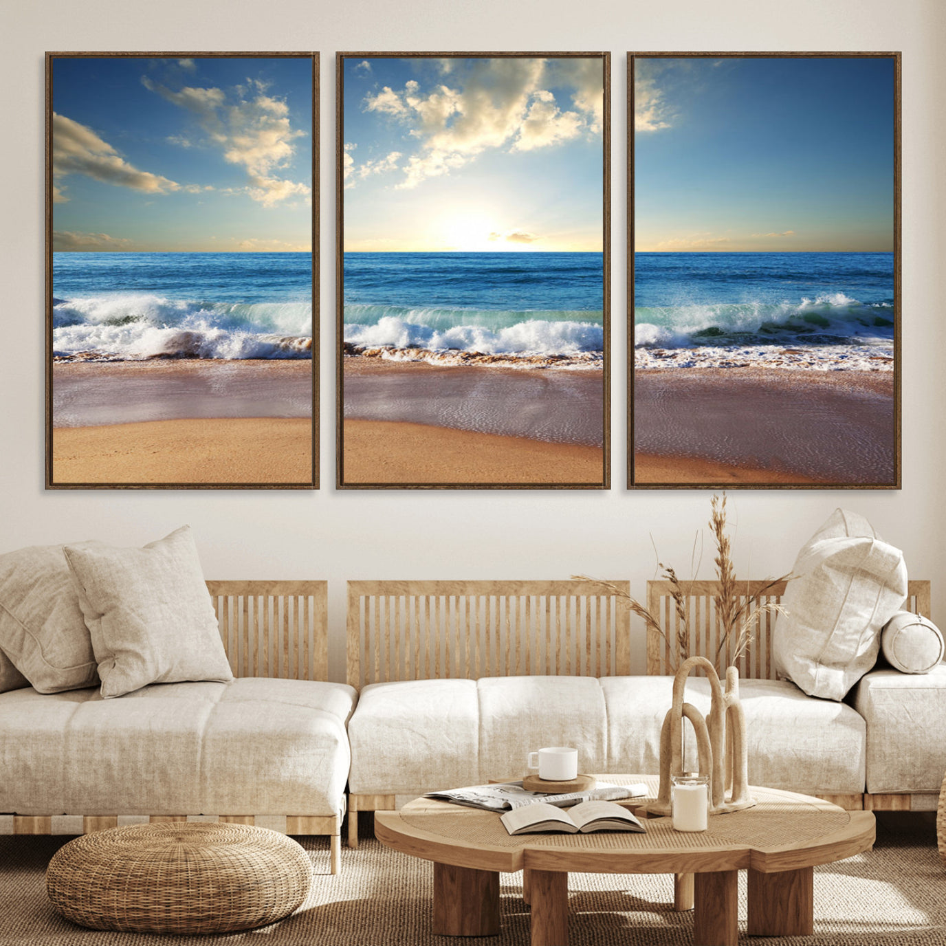 36512-MGV-FC-60X30-3P_Walnut-Serene Ocean Sunset Canvas Wall Art - Beach Waves at Sunset, Ready to Hang