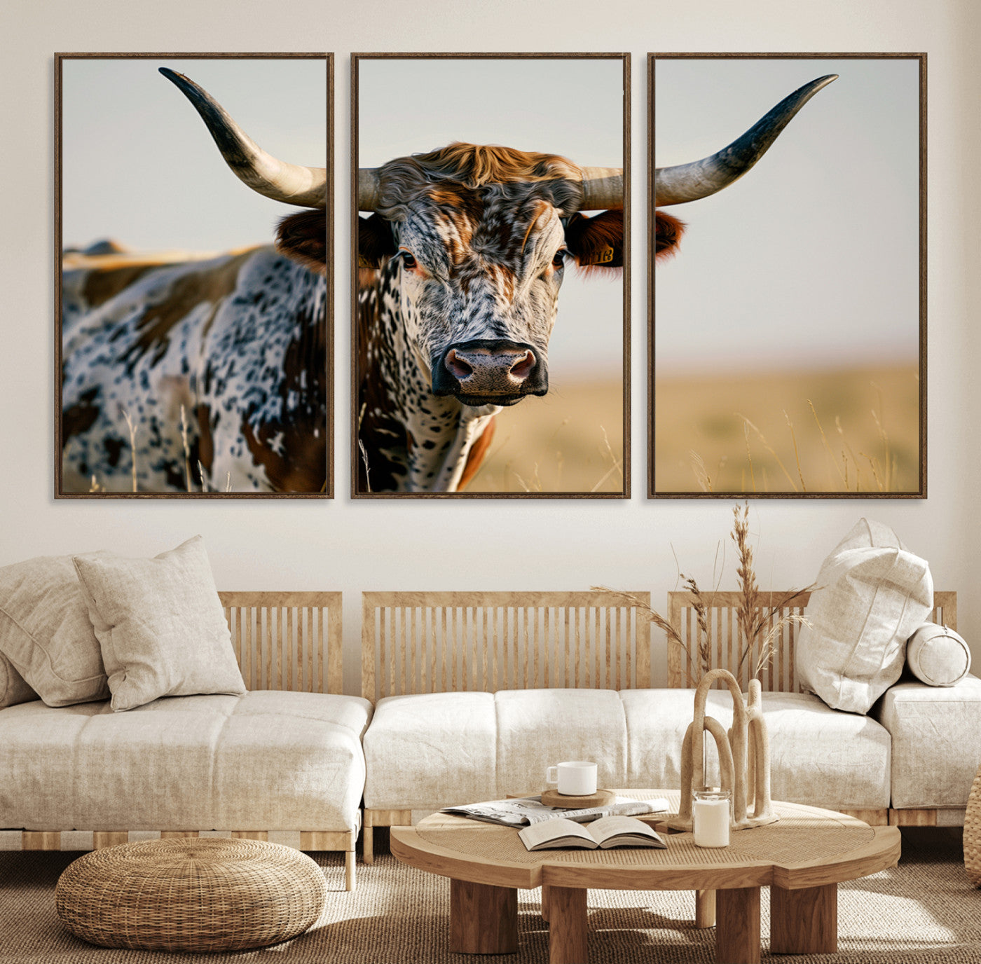 80329-MGV-FC-60X30-3P_Walnut-Texas Bull Longhorn Wall Art Canvas Print for Farm House Wall Decor, Farmhouse Wall Art Print